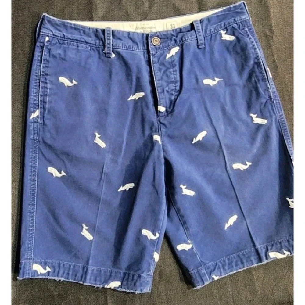 Abercrombie Chino Shorts Mens Sz 33 Blue Button Fly Golf Beach Whales Y2K EUC‎
